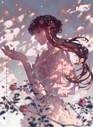 Rule 34 | 1girl, black hair, blurry, blurry foreground, breasts, chaoxibumian, cleavage, collarbone, commentary, dress, falling petals, floating hair, flower, from side, hair flower, hair ornament, hand up, highres, light blush, long hair, looking at hand, medium breasts, open hand, outdoors, parted lips, petals, profile, red eyes, sidelocks, smile, solo, spy x family, symbol-only commentary, upper body, white dress, yor briar