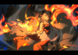 Rule 34 | 1girl, arknights, black choker, black dress, breasts, chinese commentary, choker, coat, cowboy shot, dadijiji, demon, demon horns, dress, fire, flamethrower, highres, holding flame, horns, ifrit (arknights), letterboxed, looking at viewer, magic, medium hair, off-shoulder dress, off shoulder, orange eyes, originium arts (arknights), parted bangs, parted lips, short dress, small breasts, spirit, striped clothes, striped dress, twintails, vertical-striped clothes, vertical-striped dress, weapon, white coat, wristband
