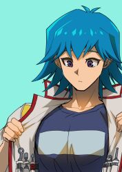Rule 34 | 1boy, absurdres, blue background, blue hair, blue shirt, bruno (yu-gi-oh!), clothes pull, high collar, highres, jacket, looking down, male focus, open clothes, open jacket, pectorals, purple eyes, screwdriver, shirt, short hair, simple background, solo, tools, upper body, utility vest, white jacket, youko-shima, yu-gi-oh!, yu-gi-oh! 5d&#039;s