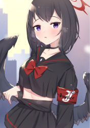 Rule 34 | 1girl, armband, black choker, black hair, black sailor collar, black serafuku, black shirt, black skirt, black wings, blue archive, blush, bow, breasts, choker, collarbone, commentary request, crop top, crop top overhang, feathered wings, halo, highres, looking at viewer, low wings, mashiro (blue archive), medium breasts, parted lips, pleated skirt, purple eyes, red bow, revision, safety pin, sailor collar, school uniform, serafuku, shirt, skirt, solo, sweat, uneg, winged halo, wings