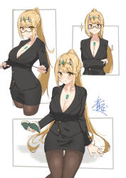 Rule 34 | absurdres, alternate costume, aotsuba, black suit, blonde hair, book, breasts, cleavage, closed mouth, collarbone, crossed arms, earrings, formal, glasses, highres, holding, holding book, jewelry, large breasts, long hair, multiple views, mythra (xenoblade), nintendo, office lady, pantyhose, ponytail, skirt, skirt suit, smile, suit, tiara, very long hair, white background, xenoblade chronicles (series), xenoblade chronicles 2, yellow eyes