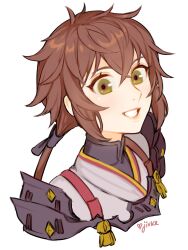 Rule 34 | 1girl, :d, armor, artist name, brown hair, commentary, cropped torso, crossed bangs, english commentary, green eyes, grin, highres, jivke, lips, long hair, looking at viewer, lora (xenoblade), open mouth, ponytail, simple background, smile, solo, teeth, upper body, white background, xenoblade chronicles (series), xenoblade chronicles 2, xenoblade chronicles 2: torna - the golden country