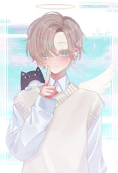 Rule 34 | 1boy, absurdres, androgynous, angel, angel wings, animal, animal on shoulder, blush, closed mouth, collared shirt, feathered wings, finger to mouth, green eyes, halo, highres, kanae (nijisanji), light brown hair, long sleeves, looking at viewer, male focus, mole, mole under eye, nijisanji, roto (kanae), shirt, shushing, smile, solo, sorase 610, sweater vest, trap, virtual youtuber, white shirt, white wings, wings, yellow sweater vest