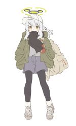 Rule 34 | 1girl, absurdres, backpack, bag, black pantyhose, black scarf, blue archive, blush, full body, green eyes, green jacket, grey footwear, grey hair, grey shirt, grey shorts, halo, hands in pockets, hare (blue archive), hare (camp) (blue archive), hat, heimu (heim kstr), highres, hood, hood down, hooded jacket, jacket, long hair, long sleeves, official alternate costume, open clothes, open jacket, pantyhose, ponytail, scarf, shirt, shoes, shorts, simple background, solo, white background, white hat