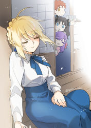 Rule 34 | 1boy, 3girls, against wall, ahoge, artoria pendragon (all), artoria pendragon (fate), black bow, black hair, blonde hair, blue bow, blue eyes, blue neckwear, blue skirt, blush, bow, bowtie, braid, casual, chibi, closed eyes, closed mouth, collared shirt, commentary request, cup, dango, emiya shirou, fate/stay night, fate (series), fingernails, food, french braid, hair bow, hair ribbon, highres, holding, holding plate, long hair, long sleeves, looking at another, matou sakura, multiple girls, open mouth, orange hair, otama (atama ohanabatake), parted lips, pink ribbon, plate, purple hair, ribbon, saber (fate), sanshoku dango, shirt, short hair, sidelocks, sitting, skirt, sleeping, smile, tohsaka rin, twitter username, two side up, wagashi, white shirt, wooden floor, yellow eyes
