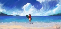 Rule 34 | 1girl, beach, bigtravart, breasts, brown hair, cleavage, cloud, cloudy sky, dated, day, full body, highres, holding, island, long hair, looking to the side, ocean, one-piece swimsuit, original, red one-piece swimsuit, sand, scenery, shore, signature, sky, solo, surfboard, swimsuit, thighs, water