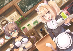 Rule 34 | 2girls, :3, animal ears, apron, aqua eyes, bespectacled, blonde hair, blush, breasts, brown hair, cat ears, cat tail, choker, cleavage, coffee cup, coffee grinder, commentary, cup, disposable cup, dutch angle, fang, glasses, hand on own hip, highres, iijima yun, long sleeves, looking at viewer, maid, maid apron, maid headdress, multiple girls, new game!, open mouth, paw pose, plate, restaurant, shinoda hajime, tail, toaster oven, tray, two side up, yellow eyes, yoku yoo