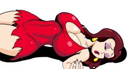 Rule 34 | 1girl, artist request, breasts, brown hair, cleavage, closed eyes, donkey kong (1981 game), donkey kong (series), dress, earrings, eyeshadow, jewelry, large breasts, lips, lipstick, long hair, lying, makeup, mario (series), nail polish, nintendo, panties, pauline (mario), red dress, red lips, solo, thighs, torn clothes, underwear