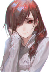 Rule 34 | 1girl, artist name, brown hair, head rest, earrings, hair over one eye, highres, jewelry, long hair, looking at viewer, luen kulo, original, red eyes, signature, simple background, smile, solo, sweater, turtleneck, turtleneck sweater, upper body, white background