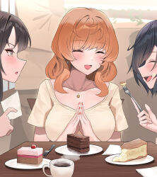 Rule 34 | 3girls, black hair, blush, brown eyes, brown hair, cake, cake slice, closed eyes, cup, earrings, eating, food, fork, highres, holding, holding fork, indoors, jewelry, looking at another, multiple girls, napkin, office lady, original, own hands together, pink nails, plate, shirt, short sleeves, shougun (chuckni1), sitting, table, teacup, yellow shirt