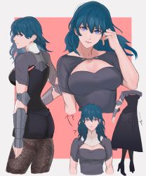 Rule 34 | 1girl, adz lrp, ass, black shorts, blue eyes, blue hair, boots, breasts, byleth (female) (fire emblem), byleth (fire emblem), cleavage, closed mouth, fire emblem, fire emblem: three houses, from behind, from side, hair between eyes, high heel boots, high heels, highres, lace, lace-trimmed legwear, lace trim, looking to the side, medium breasts, multiple views, nintendo, pantyhose, pantyhose under shorts, print pantyhose, shorts, simple background