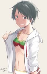 Rule 34 | 1girl, bikini, bikini under clothes, black eyes, black hair, collarbone, dated, grin, jacket, kantai collection, kawashina (momen silicon), looking at viewer, mogami (kancolle), open clothes, open jacket, short hair, smile, solo, swimsuit, swimsuit under clothes, upper body