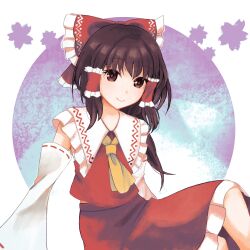 Rule 34 | 1girl, arm support, ascot, bare shoulders, bow, brown eyes, brown hair, closed mouth, commentary request, detached sleeves, feet out of frame, frilled bow, frilled hair tubes, frilled shirt collar, frills, hair bow, hair tubes, hakurei reimu, harufune, highres, light blush, long hair, long sleeves, petticoat, purple background, red bow, red skirt, red vest, ribbon-trimmed sleeves, ribbon trim, sarashi, simple background, sitting, skirt, skirt set, smile, solo, touhou, very long hair, vest, white background, yellow ascot
