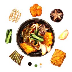 Rule 34 | artist name, bowl, color guide, commentary, food, food focus, from above, ichiknees, no humans, noodles, original, simple background, still life, text focus, udon, vegetable, white background