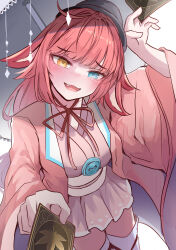 Rule 34 | 1girl, :d, absurdres, animal ears, black hat, blue eyes, chinese commentary, fang, furrowed brow, haori, hat, heterochromia, highres, japanese clothes, kaling, kimono, long hair, looking at viewer, maplestory, neck ribbon, obi, open mouth, pink eyes, pink haori, pink kimono, pink ribbon, ribbon, rizhi55, sash, short kimono, simple background, smile, solo, thighhighs, umbrella, white background, white sash, white thighhighs, white umbrella, wide sleeves, zettai ryouiki