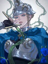 Rule 34 | 1girl, armor, black clover, blonde hair, blue cape, blue eyes, blue flower, blue rose, braid, breastplate, cape, charlotte roselei, flower, helmet, holding, holding sword, holding weapon, looking at viewer, parted lips, rose, side braid, solo, sword, tdgypm, thorns, weapon