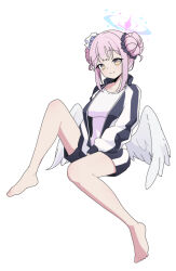 Rule 34 | 1girl, angel wings, barefoot, black shorts, blue archive, breasts, closed mouth, double bun, feathered wings, flower, full body, gym shirt, gym shorts, gym uniform, hair bun, hair flower, hair ornament, halo, highres, jacket, large breasts, long hair, long sleeves, looking at viewer, mika (blue archive), nyaru (nyaru 4126), open clothes, open jacket, pink hair, pink halo, purple flower, shirt, shorts, simple background, smile, solo, toes, track jacket, white background, white shirt, white wings, wings, yellow eyes