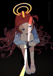Rule 34 | 1girl, absurdres, ass, black background, blue archive, blush, bow, elena zao, full body, hair bow, halo, highres, jacket, long hair, long sleeves, red hair, signature, simple background, slippers, solo, toes, very long hair, white bow, white jacket, yellow halo, yuzu (blue archive)