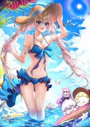 Rule 34 | :d, arm strap, bikini, blue bikini, blue eyes, blue sky, blush, breasts, character name, character request, cleavage, cloud, collarbone, day, fate/grand order, fate (series), floating hair, front-tie bikini top, front-tie top, hat, hat ribbon, hm (wonhml), jewelry, long hair, marie antoinette (fate), marie antoinette (fate/grand order), marie antoinette (swimsuit caster) (fate), marie antoinette (swimsuit caster) (third ascension) (fate), medium breasts, multiple girls, navel, necklace, open mouth, ribbon, silver hair, sky, smile, standing, straw hat, striped ribbon, sun hat, sunlight, swimsuit, very long hair, wading
