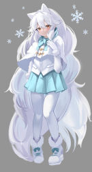 Rule 34 | 1girl, animal ears, arctic fox (kemono friends), blue skirt, blush, brown eyes, buchibussei, fox ears, fox girl, fox tail, full body, gloves, grey background, highres, kemono friends, long hair, long sleeves, looking at viewer, miniskirt, pantyhose, parted lips, pleated skirt, shoes, simple background, skirt, snowflakes, solo, tail, very long hair, white footwear, white gloves, white hair, white pantyhose