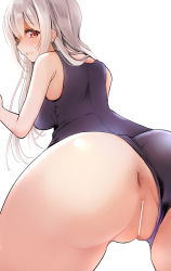 Rule 34 | 1girl, anus, ass, ass focus, bar censor, bare shoulders, blue one-piece swimsuit, blush, breasts, censored, cleft of venus, clothing aside, from behind, grey hair, highres, long hair, looking at viewer, looking back, medium breasts, no panties, one-piece swimsuit, original, paid reward available, parted lips, pussy, red eyes, rikudou inuhiko, school swimsuit, sidelocks, simple background, solo, swimsuit, swimsuit aside, white background
