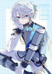 Rule 34 | 1boy, barcode, blue background, blue eyes, blue gemstone, blue sash, boots, closed mouth, fang, feet out of frame, gem, gloves, gold trim, grey footwear, grey hair, grey vest, grid background, hair between eyes, hand on own cheek, hand on own face, hands on own leg, highres, identity v, insect wings, key, keyring, knee boots, long sleeves, looking at viewer, low-tied sidelocks, luca balsa, luca balsa (winter cicada), male focus, medium hair, pants, ponytail, potechi (kaoriion613), ring hair ornament, sash, simple background, sitting, skin fang, sleeve cuffs, smile, solo, two-tone background, vest, white background, white gloves, white pants, wing hair ornament, wings
