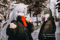 Rule 34 | 2girls, :p, alternate costume, animal ear fluff, animal ears, antenna hair, arknights, black coat, black hair, breath, casual, city, coat, cold, day, food, grey eyes, grey scarf, hair between eyes, hand in pocket, highres, holding, holding food, lappland (arknights), long hair, long sleeves, looking at viewer, multicolored hair, multiple girls, open clothes, open coat, outdoors, puffy long sleeves, puffy sleeves, red hair, red scarf, runamonet, scarf, silver hair, texas (arknights), tongue, tongue out, translation request, tree, two-tone hair, upper body, v-shaped eyebrows, very long hair, winter clothes, winter coat, wolf ears, yellow eyes