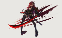 Rule 34 | 1girl, asymmetrical clothes, belt, black footwear, breasts, character name, cleavage, cropped jacket, dpin (user adhr8855), dual wielding, full body, highres, holding, holding sword, holding weapon, large breasts, long hair, medium breasts, original, pouch, red eyes, red hair, round eyewear, sheath, shoes, single pantsleg, single thighhigh, skindentation, smirk, sneakers, solo, sunglasses, sword, thigh pouch, thighhighs, underboob, weapon
