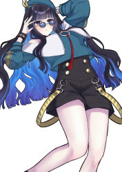 Rule 34 | 1girl, bare shoulders, beret, black hair, black shorts, blue hair, bracelet, breasts, buttons, colored inner hair, double-breasted, eyeliner, fate/grand order, fate (series), green hat, green jacket, grey eyes, hat, highres, jacket, jewelry, long hair, looking at viewer, makeup, multicolored hair, neck ring, nekunekutai, o-ring, off shoulder, round eyewear, shorts, sidelocks, small breasts, solo, sunglasses, tenochtitlan (fate), tenochtitlan (second ascension) (fate), thighs, wavy hair, white background, zipper