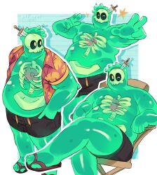 Rule 34 | 1boy, ^ ^, absurdres, bara, big belly, black male swimwear, black sclera, closed eyes, colored sclera, colored skin, crossed legs, double v, doug (monster prom), fat, fat man, green skin, happy, hawaiian shirt, highres, large feet, looking at viewer, looking to the side, male focus, male swimwear, monster boy, monster prom, multiple views, nifast (greentail), object through head, on chair, open clothes, open shirt, see-through, shirt, short shorts, shorts, sitting, slime boy, solo, sparkle, swim trunks, sword in head, tareme, thick thighs, thighs, topless male, v