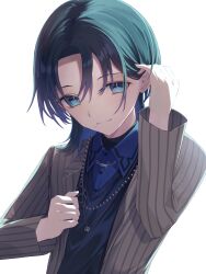 Rule 34 | 1girl, absurdres, adjusting hair, blue eyes, blue hair, blue shirt, collared shirt, grey jacket, highres, hinatan (hinatan krnk), hiodoshi ao, hololive, hololive dev is, jacket, jewelry, looking at viewer, mole, mole under mouth, necklace, shirt, short hair, smile, solo, striped clothes, striped jacket, vertical-striped clothes, vertical-striped jacket, virtual youtuber, white background