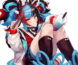 Rule 34 | 1girl, akieda, black hair, black legwear, black sailor collar, black shirt, blue hair, blush, cellphone, commentary, cup, disposable cup, drinking straw, fate/grand order, fate (series), feet out of frame, hair ornament, hairclip, highres, holding, holding cup, holding phone, jacket, long sleeves, looking at viewer, messy hair, multicolored hair, parted lips, phone, red hair, sailor collar, sei shounagon (fate), shirt, simple background, smartphone, smile, solo, twintails, white background, white jacket, yellow eyes