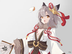 Rule 34 | 1girl, 2020, animal ears, azur lane, breasts, cleavage, dated, extra ears, fur-trimmed kimono, fur trim, gradient background, grey background, grey hair, hair between eyes, hand fan, holding, holding fan, ink stain, japanese clothes, kimono, looking at viewer, medium hair, motirimoti, orange eyes, simple background, small breasts, suzutsuki (azur lane), unmoving pattern, wide sleeves