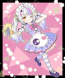 Rule 34 | 1girl, ;q, apron, black border, blush, border, bow, commentary request, dress, frilled apron, frills, grey hair, highres, holding, holding wand, hololive, long hair, looking at viewer, maid headdress, mitya, multicolored hair, murasaki shion, one eye closed, orange eyes, pink bow, pink hair, pleated dress, purple dress, purple footwear, purple hair, purple socks, shoes, single sock, single thighhigh, socks, solo, standing, standing on one leg, star (symbol), striped clothes, striped thighhighs, thighhighs, tongue, tongue out, twintails, two-tone hair, v over eye, very long hair, virtual youtuber, waist apron, wand, white apron, wrist cuffs