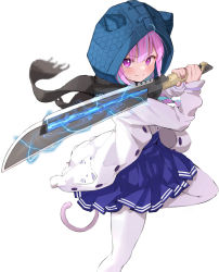 Rule 34 | 1girl, animal hood, apex legends, ash (titanfall 2), ash (titanfall 2) (cosplay), black scarf, cat hood, cat tail, closed mouth, cosplay, foot out of frame, highres, holding, holding weapon, hololive, hood, jacket, knee up, long sleeves, looking at viewer, minato aqua, minato aqua (sailor), open clothes, open jacket, pantyhose, pink eyes, pink hair, pleated skirt, satsukl 5, scarf, simple background, skirt, solo, sword, tail, virtual youtuber, weapon, white background, white jacket, white pantyhose