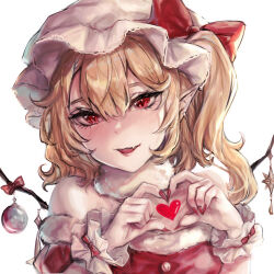 Rule 34 | 1girl, absurdres, blonde hair, blush, bow, dress, earrings, eyebrows hidden by hair, fang, fingernails, flandre scarlet, fur collar, fur trim, hair between eyes, hat, hat bow, heart, heart hands, highres, jewelry, kyogoku-uru, long fingernails, looking at viewer, mob cap, nail polish, one side up, parted lips, pointy ears, red bow, red dress, red eyes, red nails, sharp fingernails, short hair, simple background, skin fang, solo, touhou, upper body, wavy hair, white background, wing ornament, wings