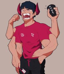 Rule 34 | 1boy, black pants, cowboy shot, earrings, extra arms, grey background, highres, holding, holding toothbrush, horns, jewelry, male focus, open mouth, original, pants, print shirt, red horns, red shirt, rinotuna, shirt, short sleeves, simple background, solo, toothbrush, toothpaste, yawning