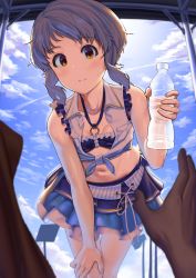 Rule 34 | 1girl, absurdres, bikini, bikini top only, blue sky, blush, bottle, breasts, closed mouth, cloud, commentary request, highres, idolmaster, idolmaster million live!, idolmaster million live! theater days, leaning forward, light smile, makabe mizuki, midriff, navel, pov, pov hands, purple hair, short hair, skirt, sky, small breasts, solo focus, surps, sweatdrop, swimsuit, water bottle, yellow eyes