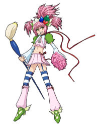 Rule 34 | 1girl, amulet clover, amulet heart, amulet spade, female focus, full body, hairband, hinamori amu, navel, paintbrush, pink hair, pom pom (cheerleading), ribbon, shugo chara!, simple background, skirt, solo, standing, striped clothes, striped thighhighs, thighhighs, white background, yellow eyes
