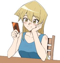 Rule 34 | 1girl, blonde hair, blue shirt, brown eyes, card, closed mouth, collarbone, hair between eyes, head rest, holding, holding card, long hair, rourou ill, shiny skin, shirt, simple background, sketch, sleeveless, sleeveless shirt, smile, solo, straight hair, tenjouin asuka, upper body, very long hair, white background, yu-gi-oh!, yu-gi-oh! gx