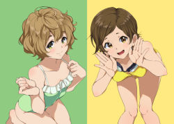 Rule 34 | 2girls, :d, bare arms, bare shoulders, barefoot, bent over, bikini, blush, breasts, brown hair, casual one-piece swimsuit, cleavage, closed mouth, collarbone, feet out of frame, frilled swimsuit, frills, goggles, goggles around neck, green background, green one-piece swimsuit, hair between eyes, hair tie, hibike! euphonium, katou hazuki, kawashima sapphire, kneeling, leaning forward, light brown hair, looking at viewer, medium breasts, mirai denki, multiple girls, one-piece swimsuit, open mouth, short hair, skindentation, small breasts, smile, standing, strap pull, swept bangs, swimsuit, thighs, two-tone background, yellow background, yellow bikini, yellow eyes
