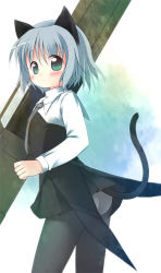 Rule 34 | 1girl, animal ears, ass, black pantyhose, blush, cat ears, cat tail, emurin, green eyes, military, military uniform, panties, panties under pantyhose, pantyhose, pantyshot, rocket launcher, sanya v. litvyak, silver hair, skirt, solo, strike witches, tail, underwear, uniform, weapon, world witches series, aged down