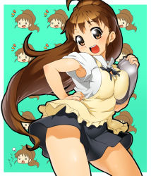 Rule 34 | 1girl, :d, apron, aqua background, armpits, breast press, breasts, brown eyes, brown hair, chibi, contrapposto, cowboy shot, face, grin, hand on own hip, highres, holding, large breasts, long hair, onsoku inu, open mouth, ponytail, ribbon, sidelocks, skirt, smile, solo, taneshima popura, thighs, tray, uniform, waitress, working!!