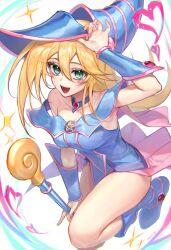 Rule 34 | 1girl, adjusting clothes, adjusting headwear, bare shoulders, between legs, blonde hair, blue dress, blue footwear, blue hat, blush stickers, boots, breasts, brooch, choker, cleavage, collarbone, dark magician girl, dress, duel monster, flying, from above, green eyes, hair between eyes, hat, highres, jewelry, large breasts, long hair, looking at viewer, open mouth, oriti4, pentagram, simple background, smile, solo, staff, staff riding, wand, white background, wizard hat, yu-gi-oh!