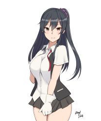 Rule 34 | 1girl, black hair, black skirt, black vest, blush, breasts, brown eyes, cosplay, covering privates, covering crotch, dress shirt, gloves, hagikaze (kancolle), hagikaze (kancolle) (cosplay), hair ornament, hair scrunchie, hand on own chest, hayabusa, highres, kantai collection, large breasts, long hair, looking at viewer, miniskirt, one side up, pleated skirt, scrunchie, shirt, skirt, skirt tug, solo, twitter username, vest, wavy mouth, white gloves, yahagi (kancolle)