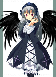 Rule 34 | 00s, 1girl, :d, black wings, blush, cross, dress, flower, frilled sleeves, frills, gothic lolita, hairband, inverted cross, latin cross, lolita fashion, lolita hairband, long hair, long sleeves, looking at viewer, open mouth, own hands together, red eyes, rose, rozen maiden, silver hair, smile, solo, suigintou, wings