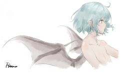 Rule 34 | 1girl, ahoge, artist name, bat wings, black wings, body blush, closed mouth, collarbone, eyebrows, flat chest, light purple hair, nude, pointy ears, profile, red eyes, remilia scarlet, ru no, short hair, signature, simple background, solo, spread wings, touhou, upper body, white background, wings
