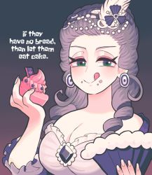 Rule 34 | 1girl, breasts, cleavage, commentary, crumbs, cupcake, dress, drill hair, earrings, eating, english text, food, gashi-gashi, gem, green eyes, hand fan, highres, holding, holding fan, holding food, jewelry, large breasts, licking lips, looking at viewer, marie antoinette (historical person), real life, silver hair, smile, symbol-only commentary, tongue, tongue out, twin drills, upper body