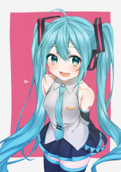 Rule 34 | 1girl, aqua eyes, aqua hair, aqua necktie, armpit crease, arms behind back, bare shoulders, black skirt, black sleeves, black thighhighs, blush, character name, clothes writing, collarbone, commentary, cowboy shot, detached sleeves, drawing kanon, framed image, grey shirt, hair ornament, hatsune miku, headphones, heart, highres, long hair, miniskirt, necktie, open mouth, pink background, pleated skirt, shirt, shoulder tattoo, sideways glance, skirt, sleeveless, sleeveless shirt, smile, solo, standing, tattoo, thighhighs, twintails, very long hair, vocaloid, zettai ryouiki