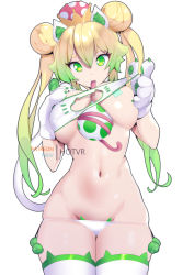 Rule 34 | 1girl, animal ear fluff, animal ears, animal hands, artist name, blonde hair, bra, bra lift, breasts, cat cutout, cat ears, cat girl, cat lingerie, cat tail, clothing cutout, commentary, cowboy shot, double bun, egg, english commentary, gloves, gradient hair, green hair, hair between eyes, hair bun, hot vr, kemonomimi mode, large breasts, legs together, lifted by self, long hair, long tongue, looking at viewer, mario (series), meme attire, multicolored hair, nav (itsnav), navel, new super mario bros. u deluxe, nintendo, paid reward available, panties, pasties, paw gloves, pixiv username, pom pom (clothes), princess yoshi, side-tie panties, simple background, solo, standing, stomach, super crown, tail, tail raised, tongue, tongue out, twintails, two-tone hair, underwear, white background, white bra, white gloves, white panties